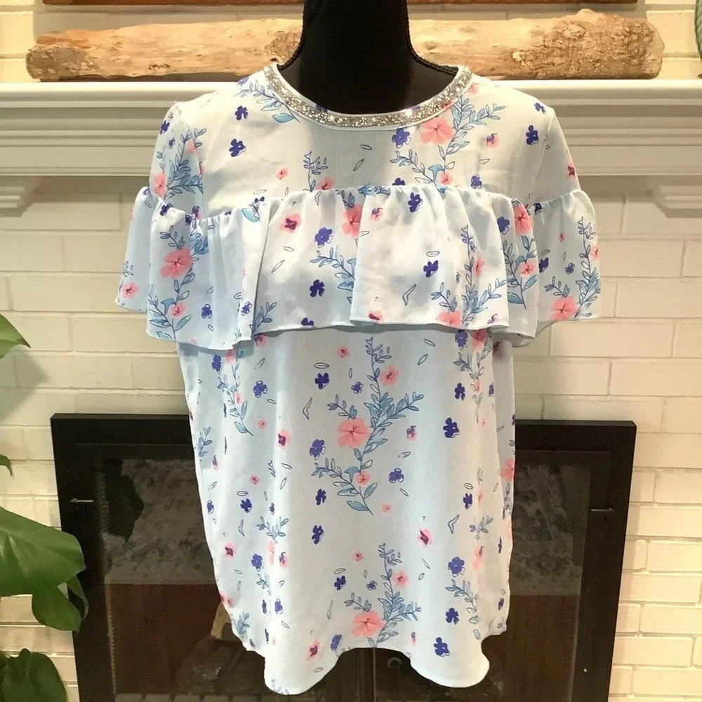 #306 Juicy Couture Baby Blue Floral Blouse Size Medium